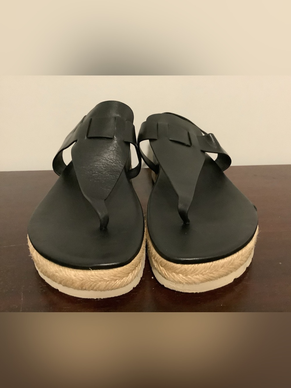 Vince Flint Black Leather T-Strap Espadrille Flatform Sandals - Picture 8 of 8